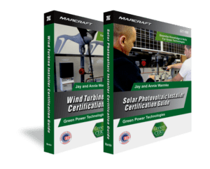 Image of the Solar Photovoltaic Installer Certification Guide Text & Lab Guide and the Wind Turbine Installer Certification Guide Text & Lab Guide