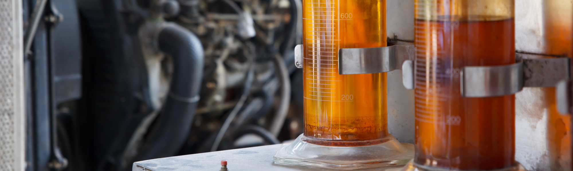 A picture of biodiesel fuel with an engine in the background