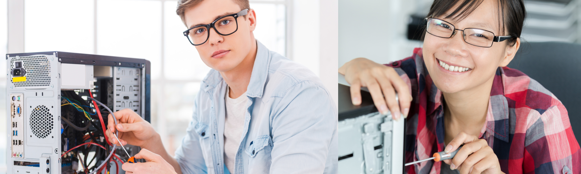 Two smiling students work on separate computers