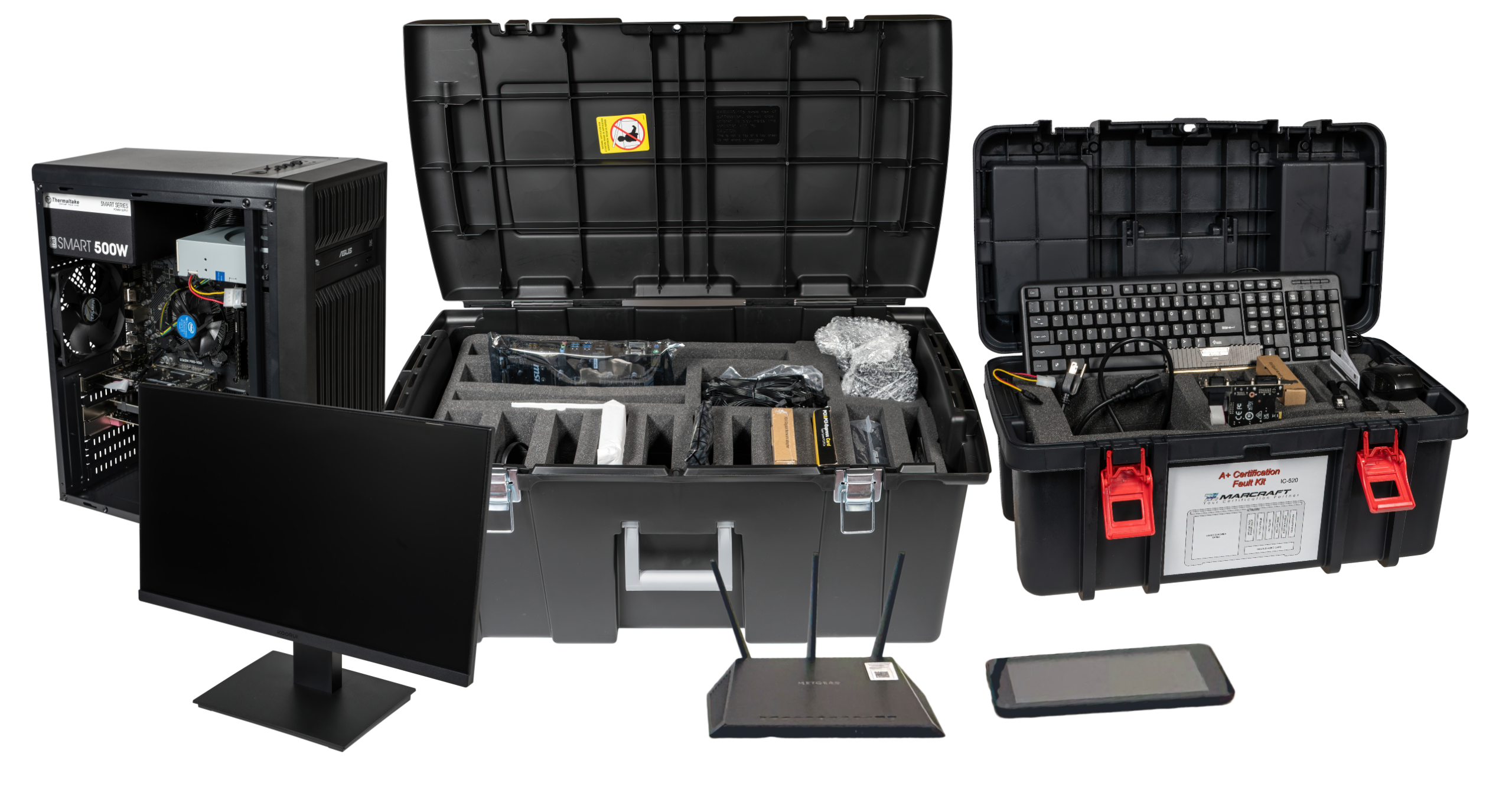 Picture of A+ Introduction to Computers PC Build Kit & Fault Kit for classroom labs. Also shown is the tablet and small router.