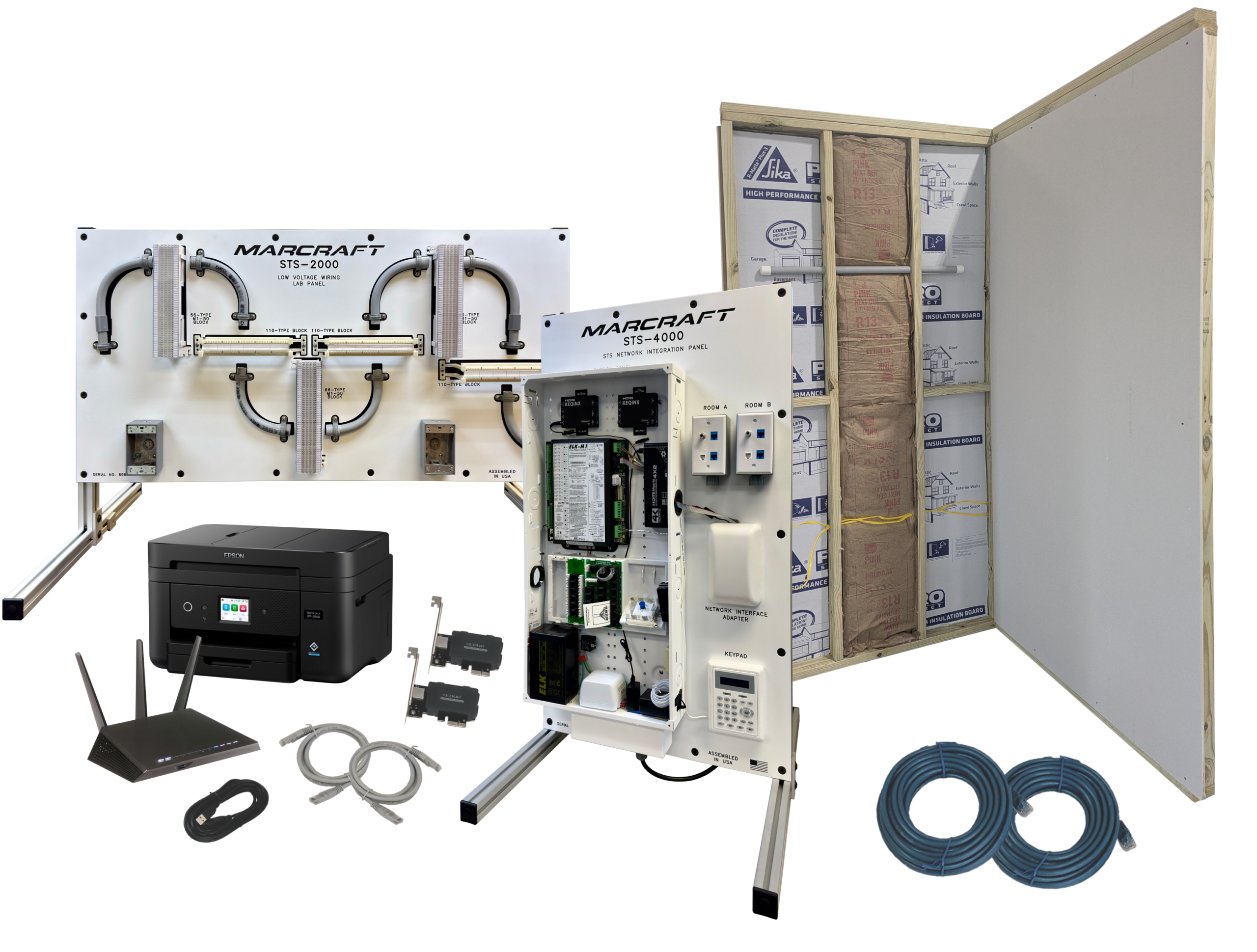 STS-1000 STS Basic Certification equipment including STS-500 Test Wall & Peripherals, STS-2000 Low Voltage Wiring Lab Panel, STS-8000 Residential Networking Station, & STS-4000 Home Integration Panel
