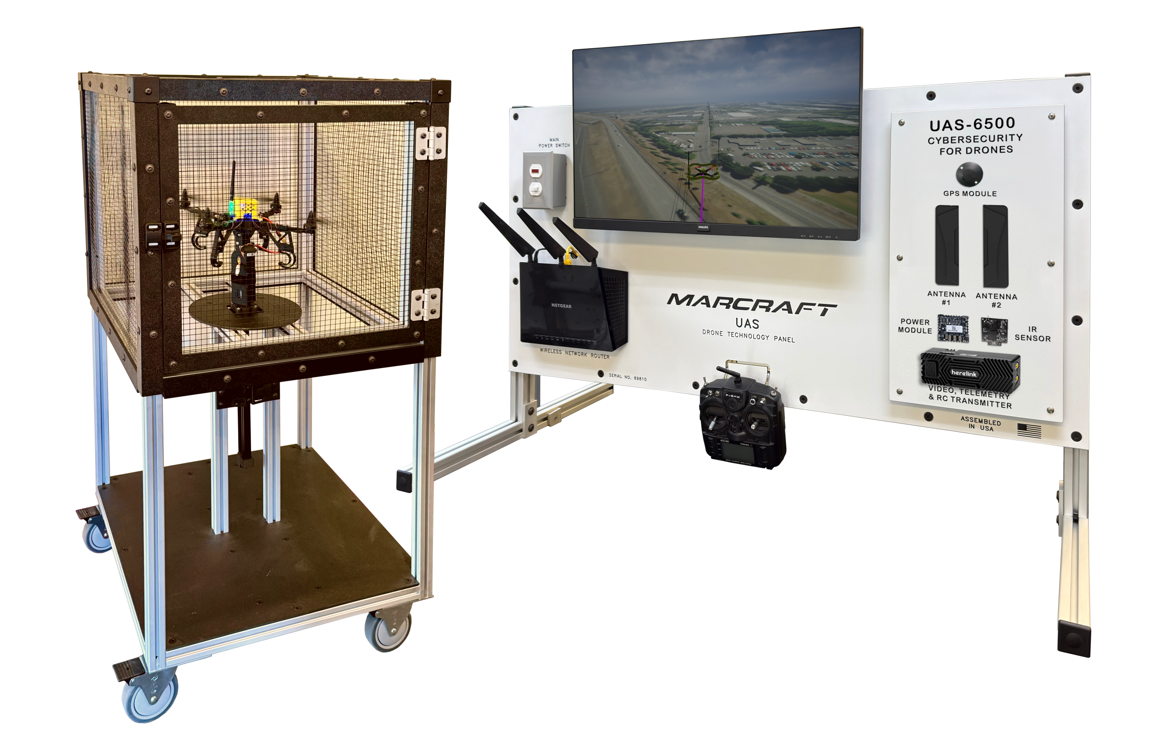 UAS-6500 Panel with Drone 2026 Ground Control Station and Drone on moveable mount from the UAS-6500 Cybersecurity for Drones (Uncrewed Aircraft)